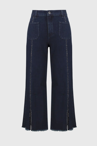 Culotte Jeans With Embellished Front Seam, Dark Denim Blue