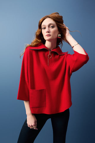 Boxy Zipped Collar Sweater, Lipstick Red