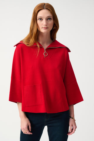 Boxy Zipped Collar Sweater, Lipstick Red