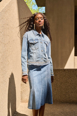 Stretch Denim Jacket with Rhinestone Embroidery, Vintage Blue