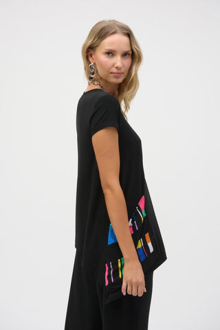 Silky Knit Stripe Print Handkerchief Tunic, Black/Multi