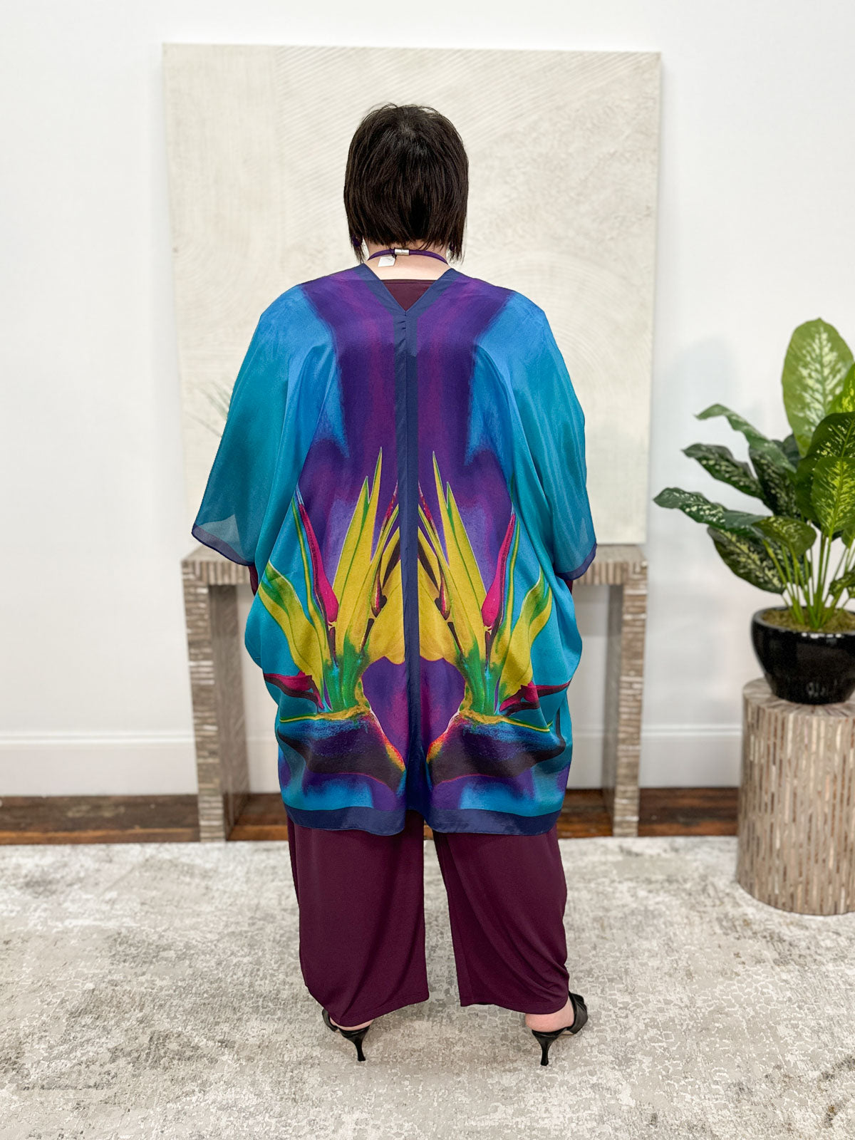 Cocoon House Silk Long Kimono, Teal Bird of Paradise - Statement Boutique