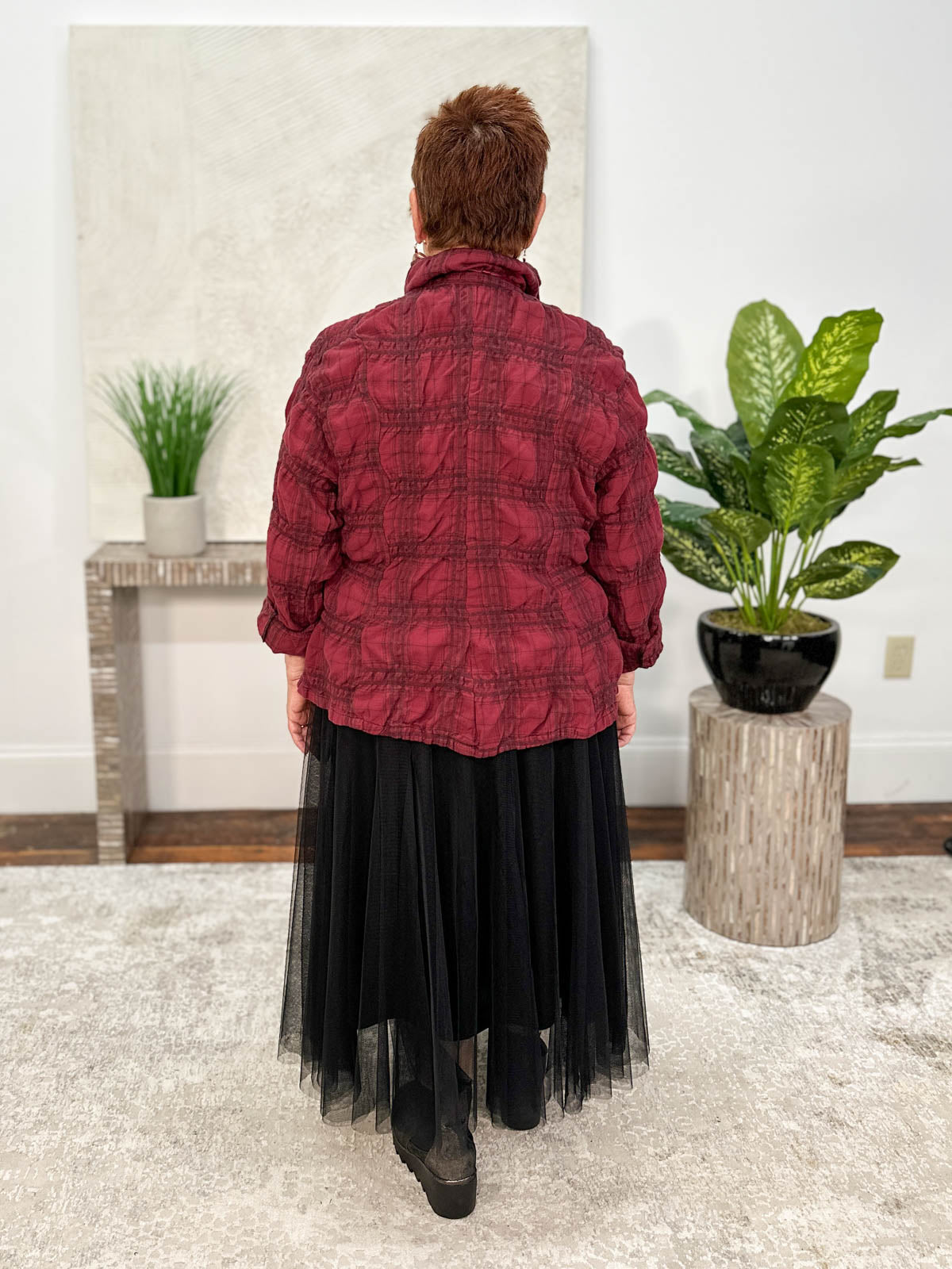 Crop Mock Welt Jacket, Red Plaid Flannel