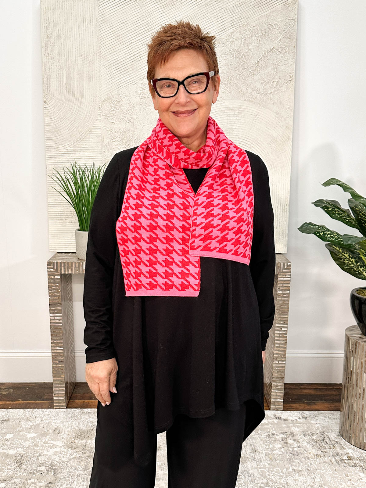 Houndstooth Knit Scarf, Red/Pink