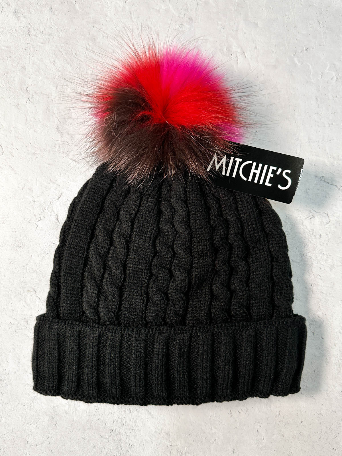 Cable Knit Fur Pom Pom Beanie Hat, Black/Red Pink