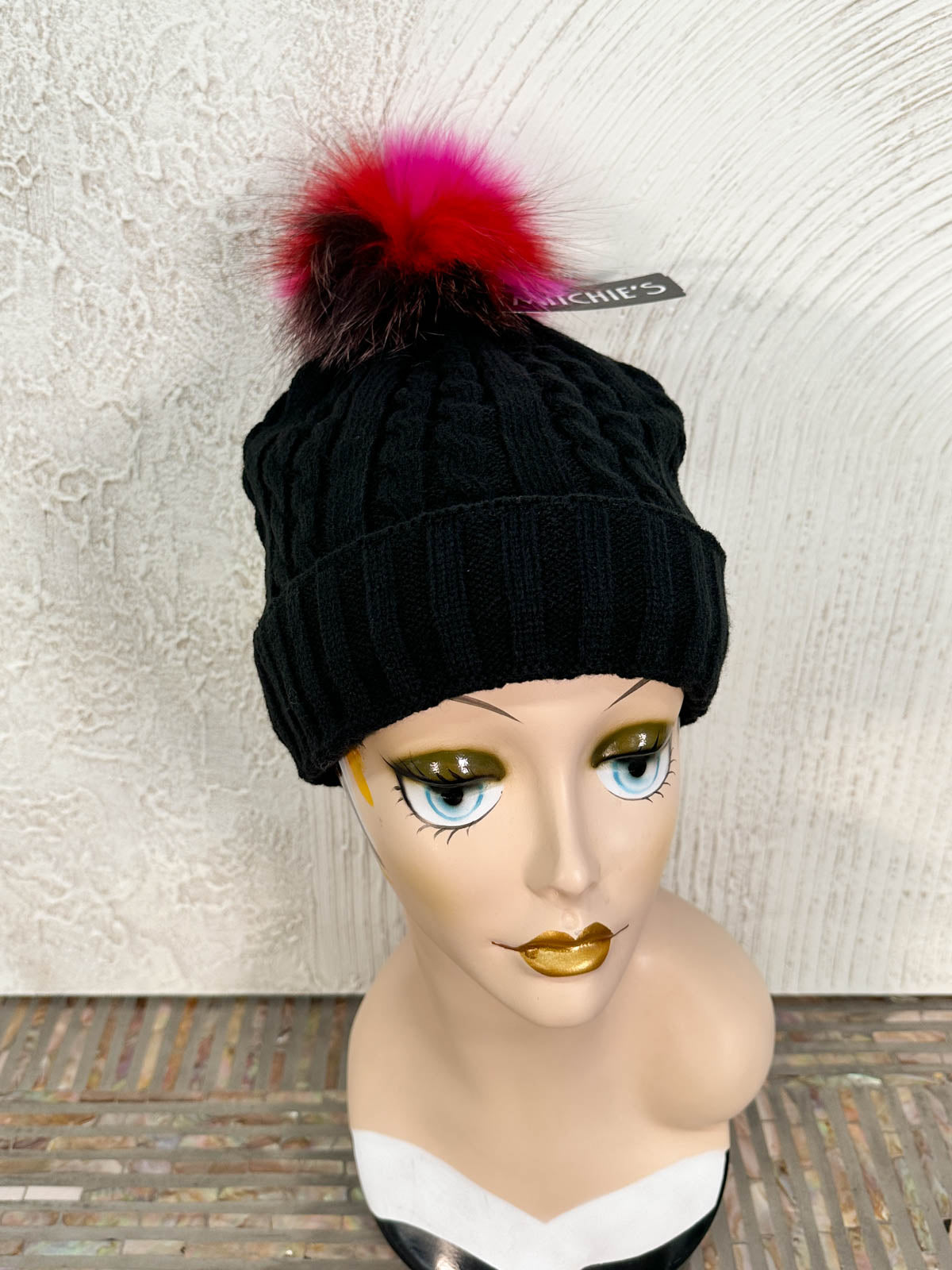 Cable Knit Fur Pom Pom Beanie Hat, Black/Red Pink