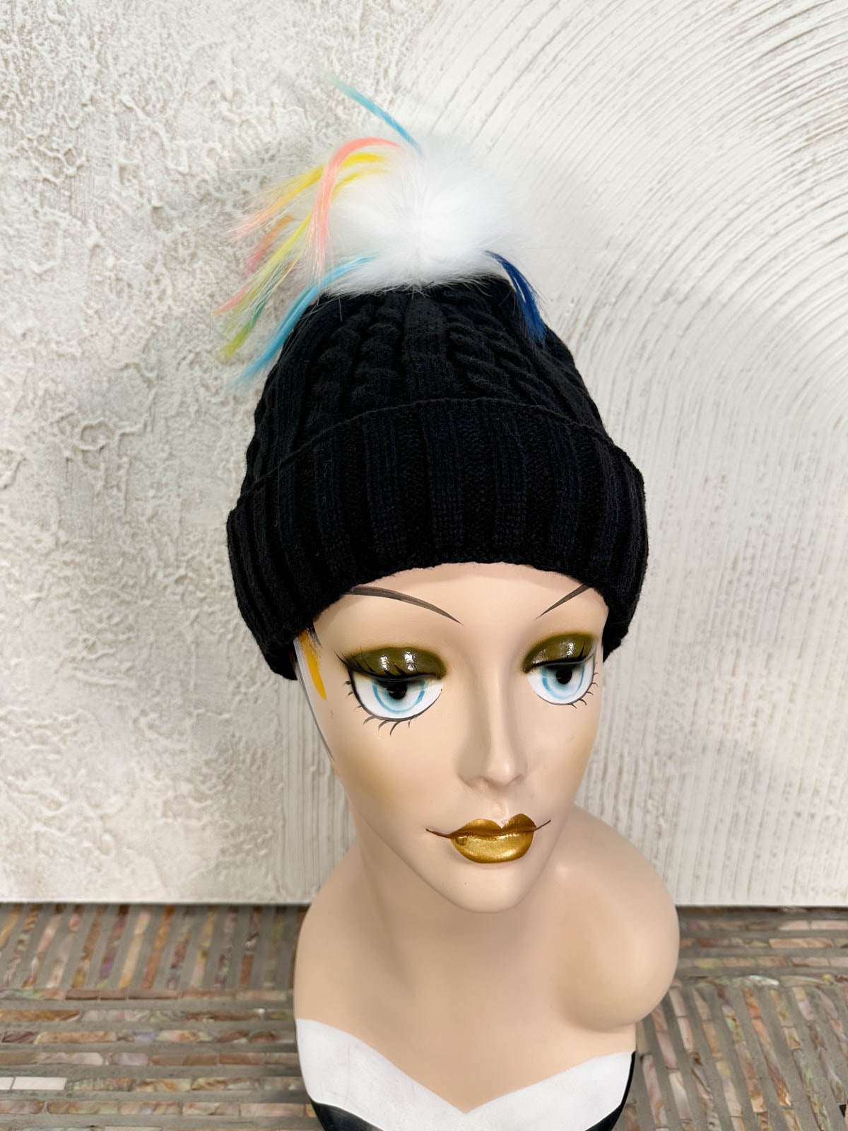 Cable Knit Rainbow Fur Pom Pom Beanie Hat, Black/White