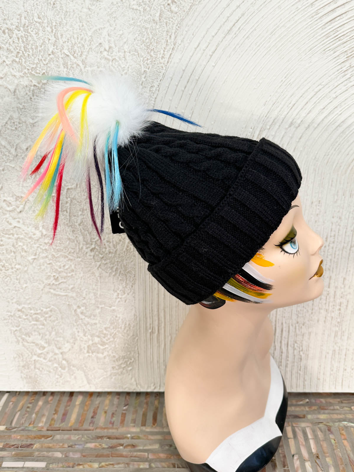 Cable Knit Rainbow Fur Pom Pom Beanie Hat, Black/White