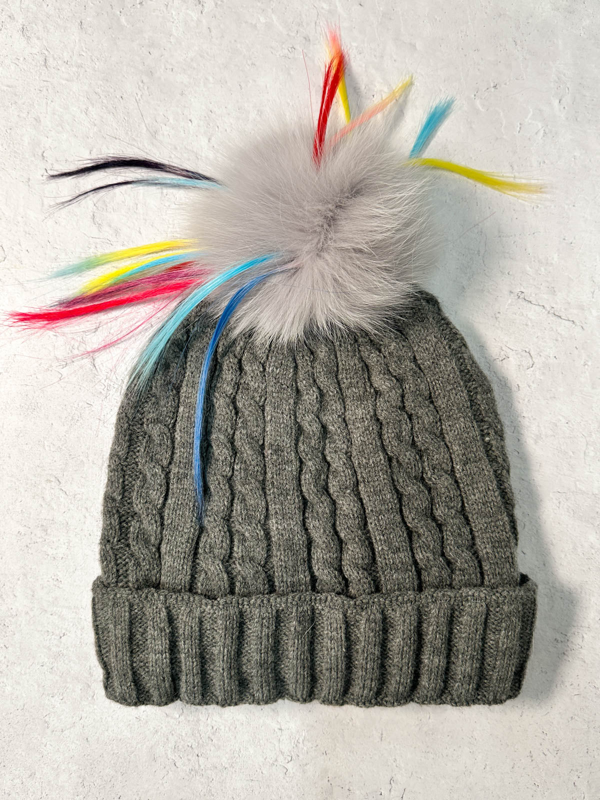 Cable Knit Rainbow Fur Pom Pom Beanie Hat, Grey/Grey