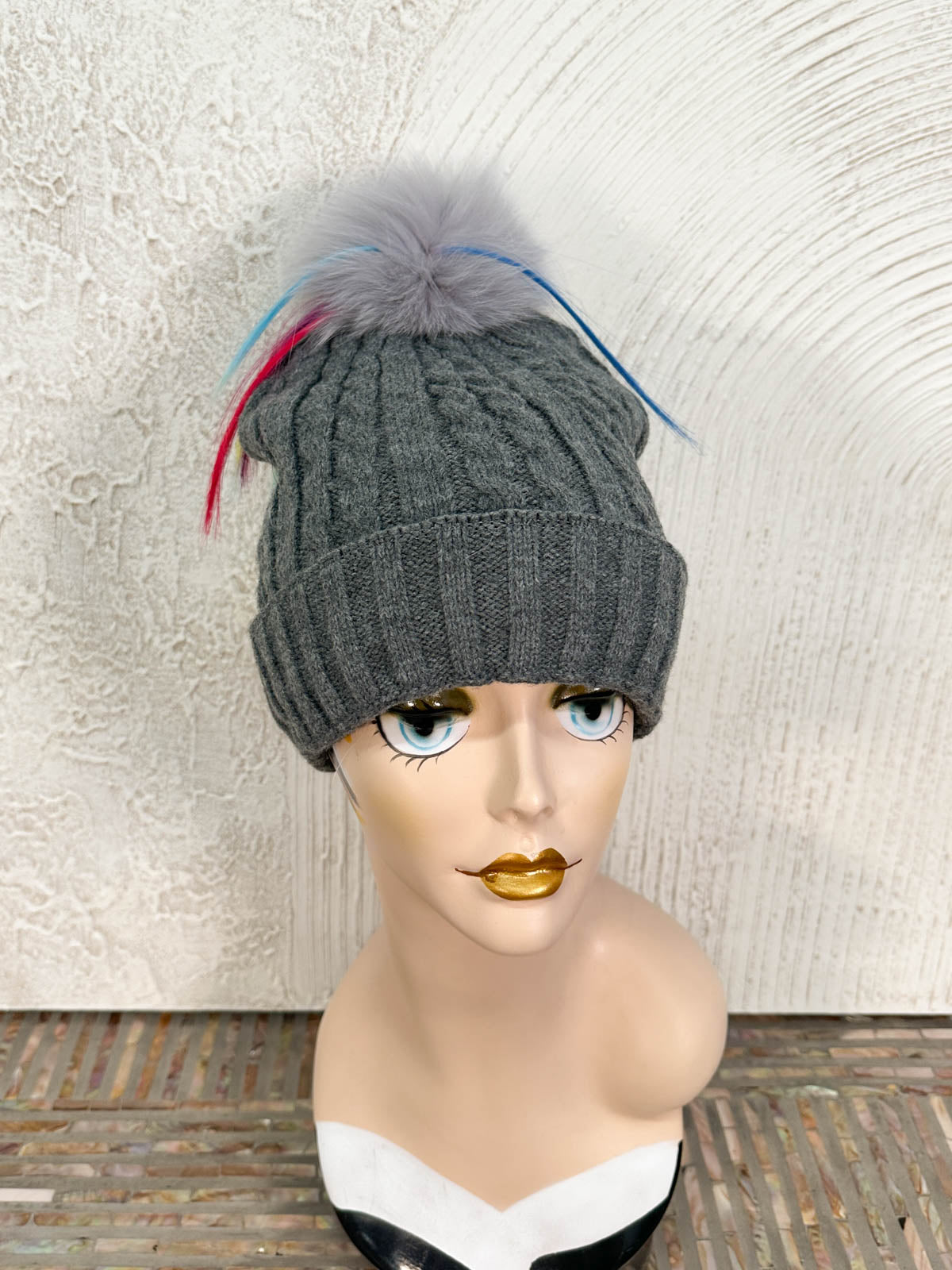 Cable Knit Rainbow Fur Pom Pom Beanie Hat, Grey/Grey