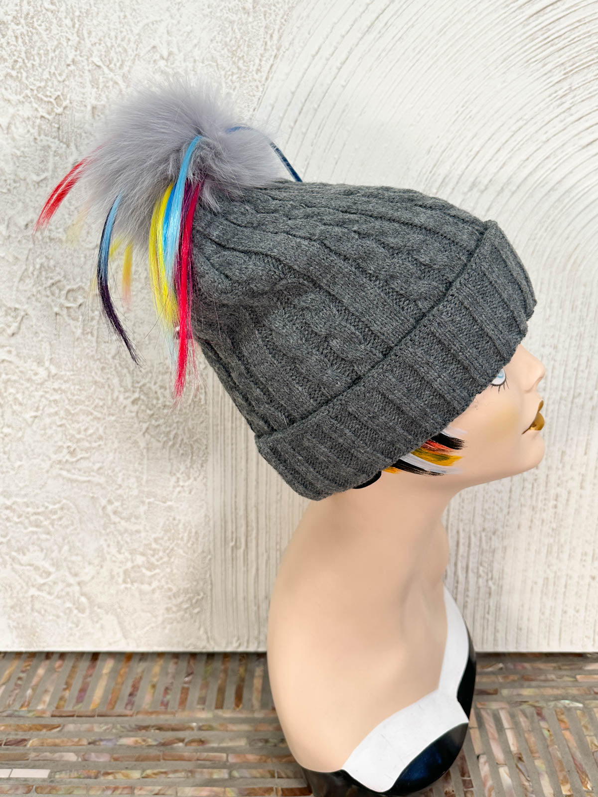 Cable Knit Rainbow Fur Pom Pom Beanie Hat, Grey/Grey