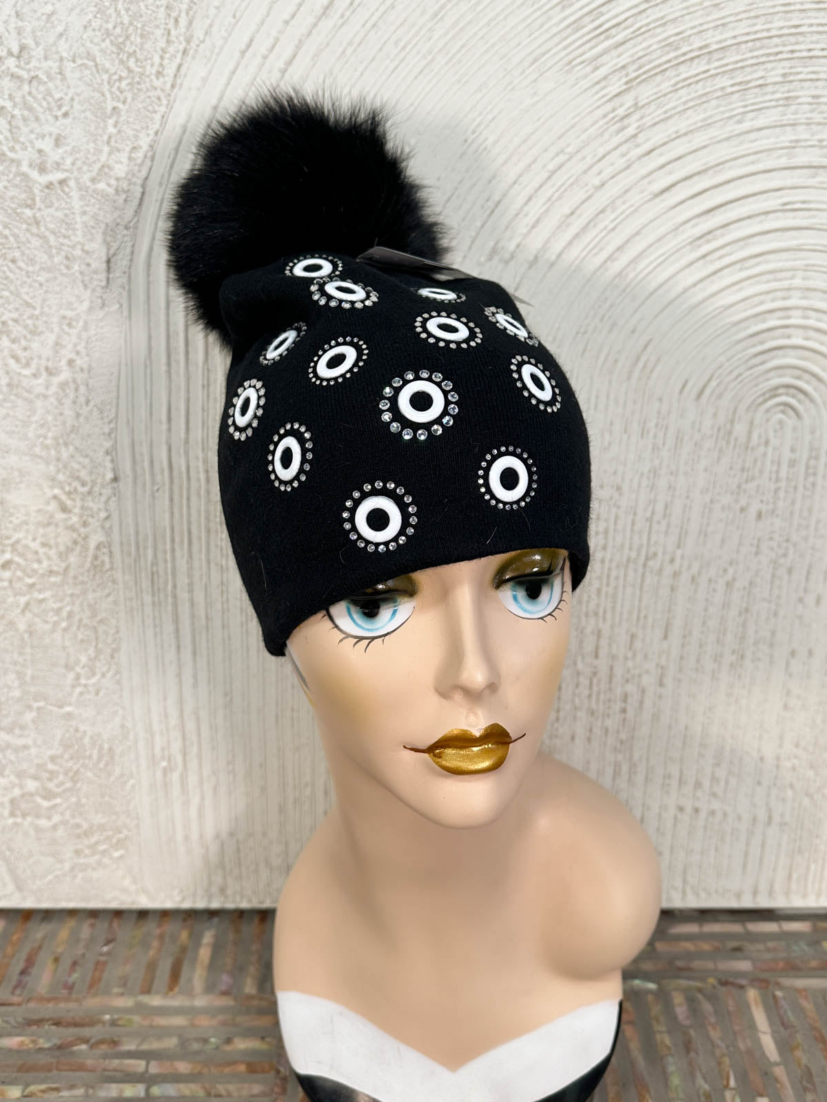 Crystal Circles Fur Pom Pom Beanie Hat, Black