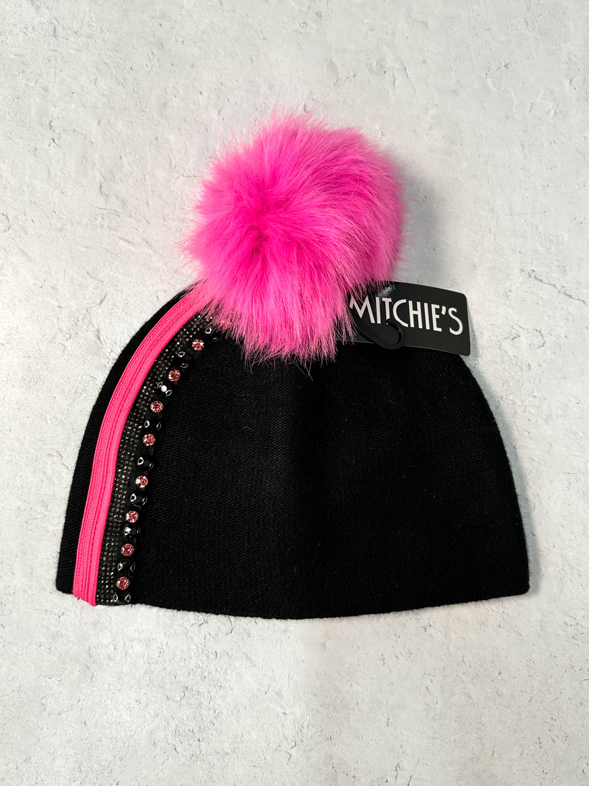 Crystals & Stripe Fur Pom Pom Beanie Hat, Black/Hot Pink