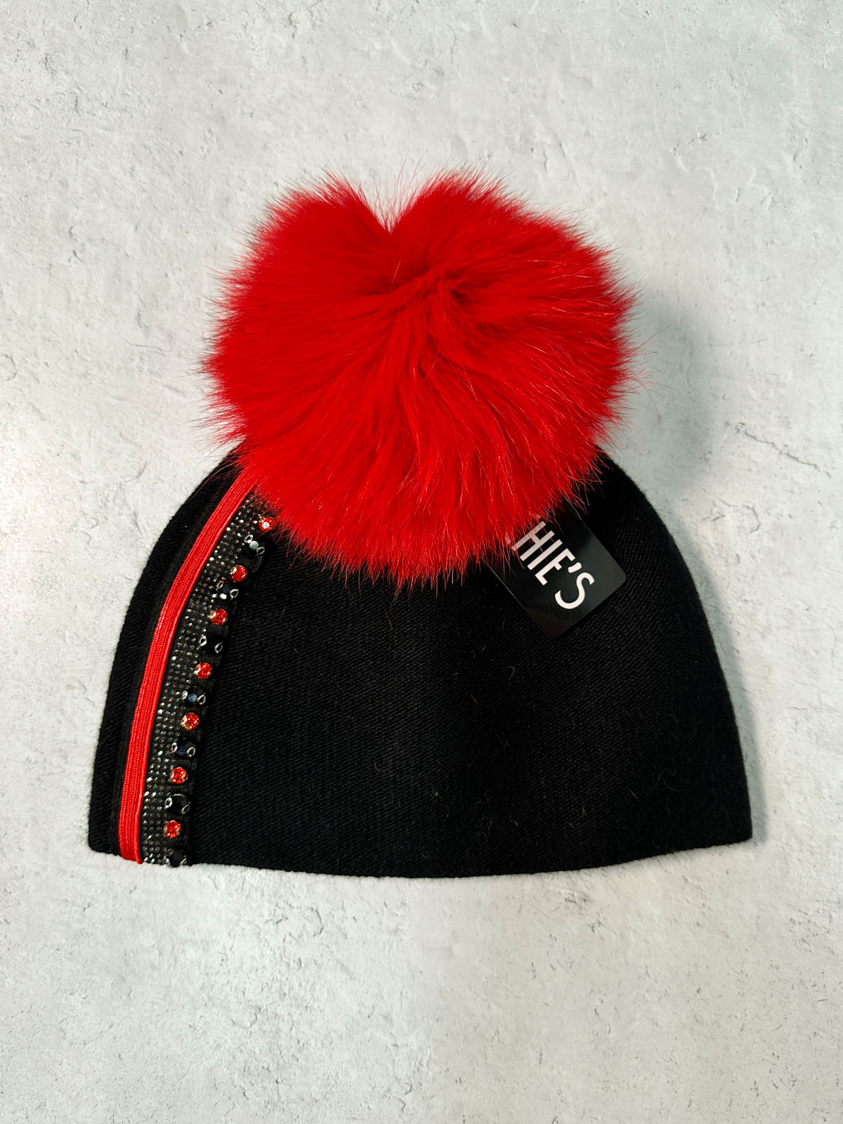 Crystals & Stripe Fur Pom Pom Beanie Hat, Black/Red