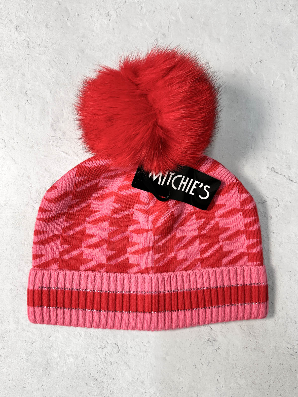 Houndstooth Fur Pom Pom Beanie Hat, Red/Pink