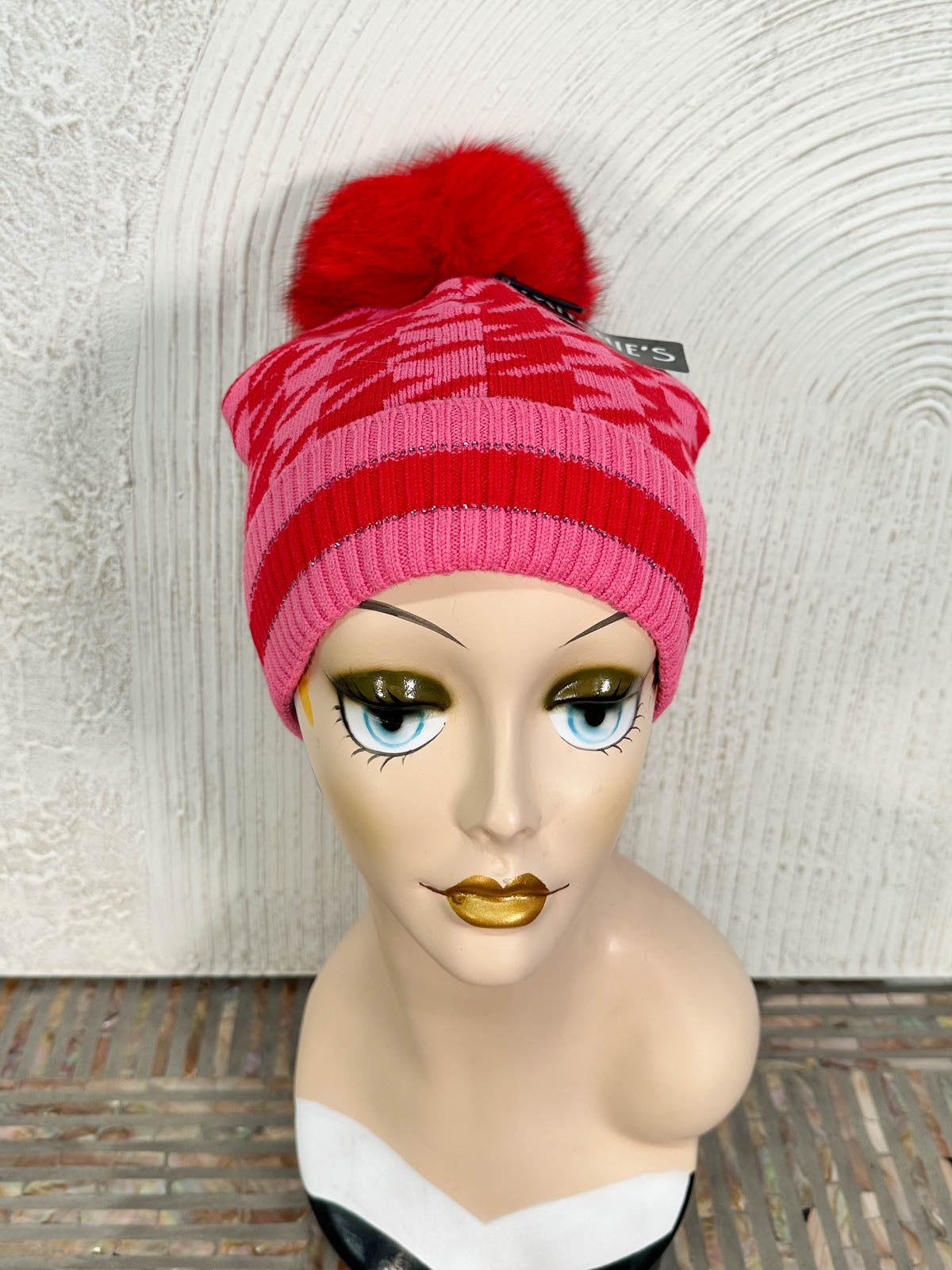 Houndstooth Fur Pom Pom Beanie Hat, Red/Pink