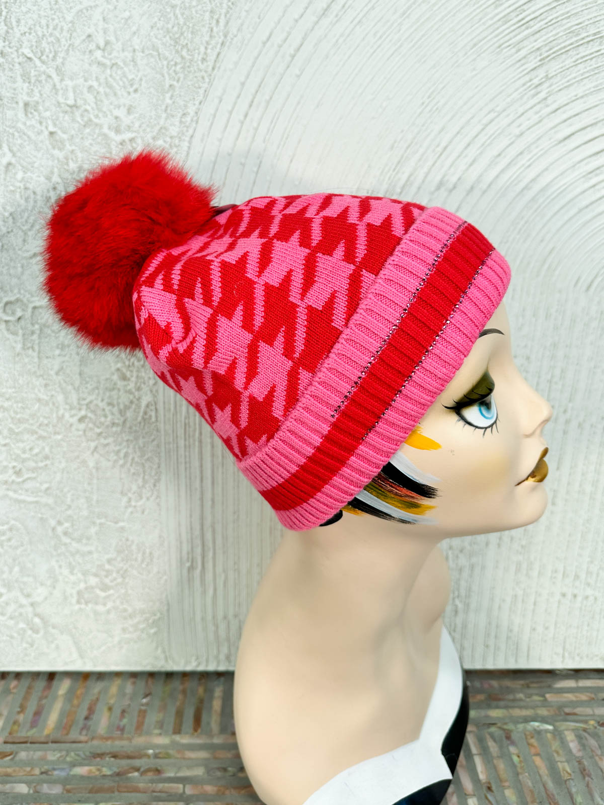 Houndstooth Fur Pom Pom Beanie Hat, Red/Pink