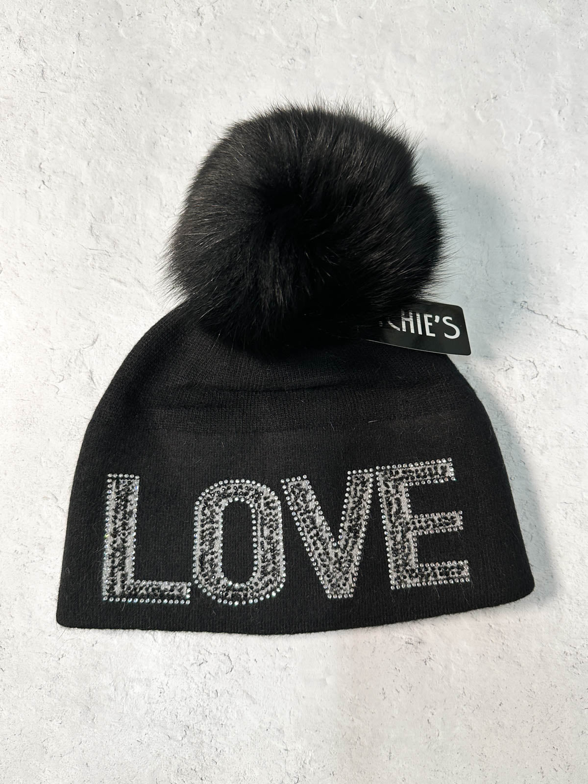 LOVE Crystal Fur Pom Pom Beanie Hat, Black