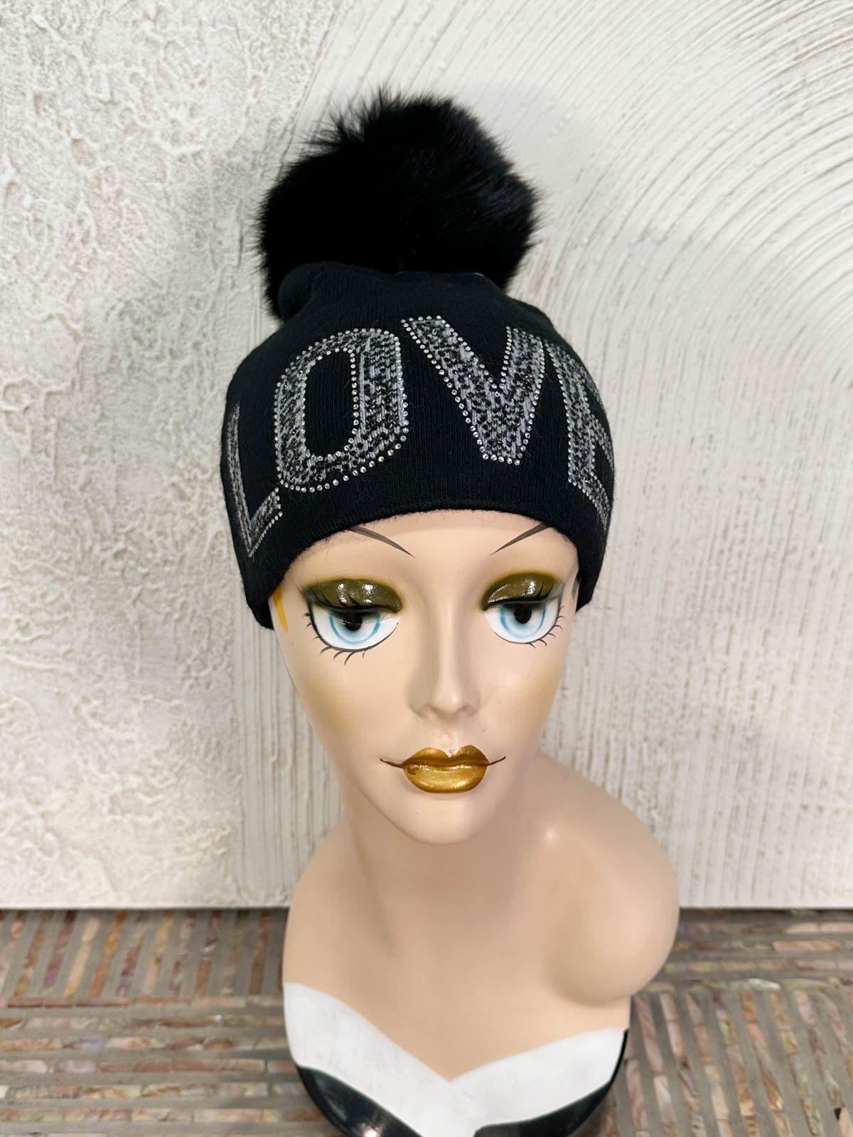 LOVE Crystal Fur Pom Pom Beanie Hat, Black