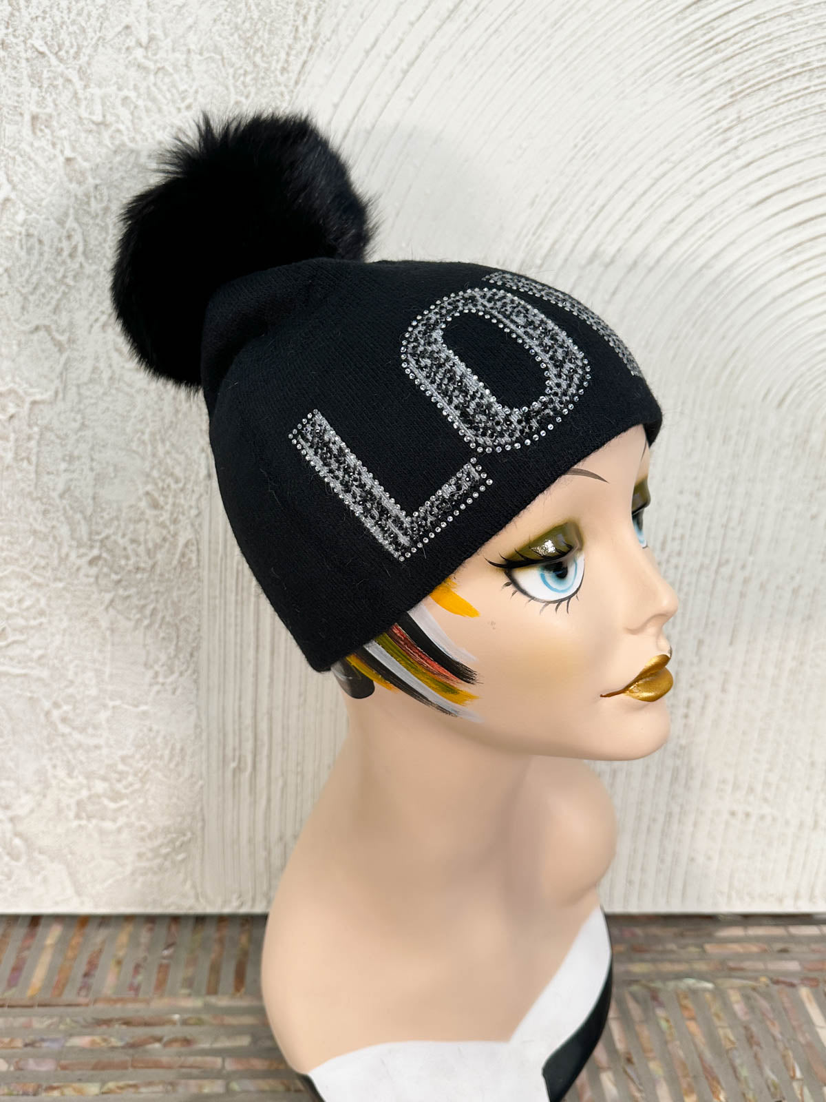 LOVE Crystal Fur Pom Pom Beanie Hat, Black