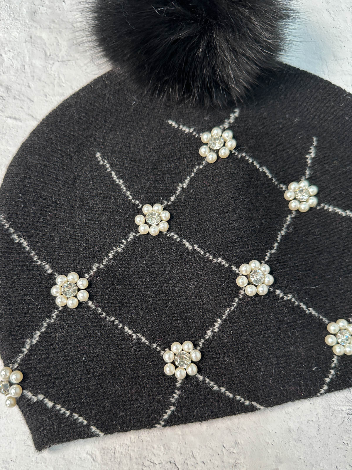 Pearl & Bead Flowers Fur Pom Pom Beanie Hat, Black