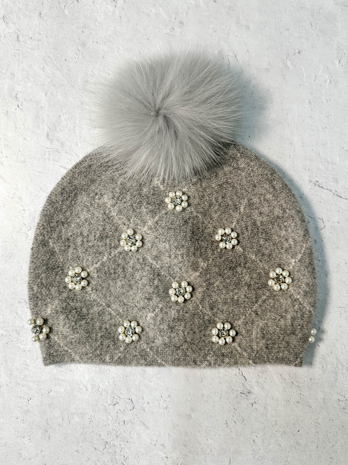 Pearl & Bead Flowers Fur Pom Pom Beanie Hat, Light Grey