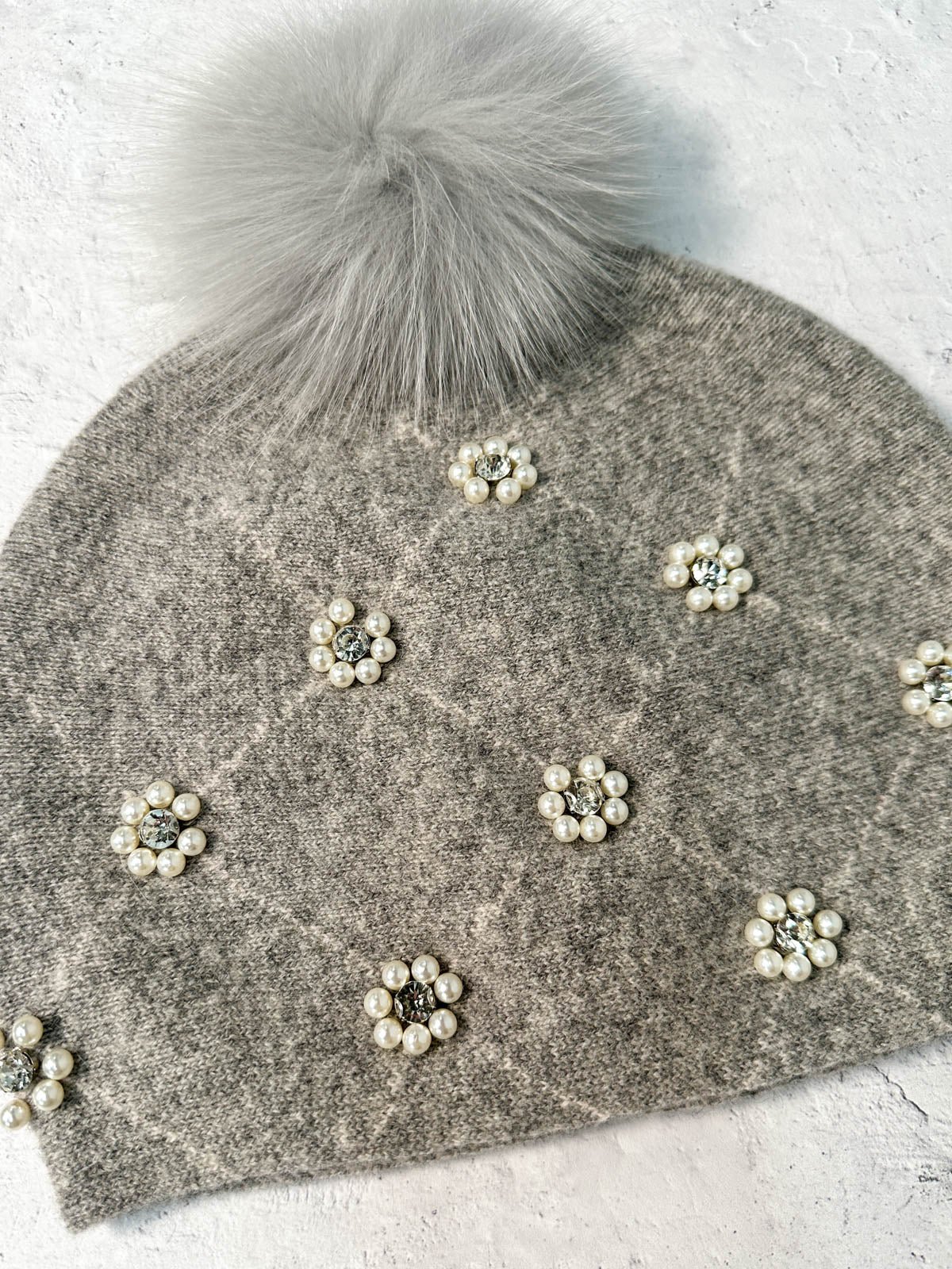 Pearl & Bead Flowers Fur Pom Pom Beanie Hat, Light Grey