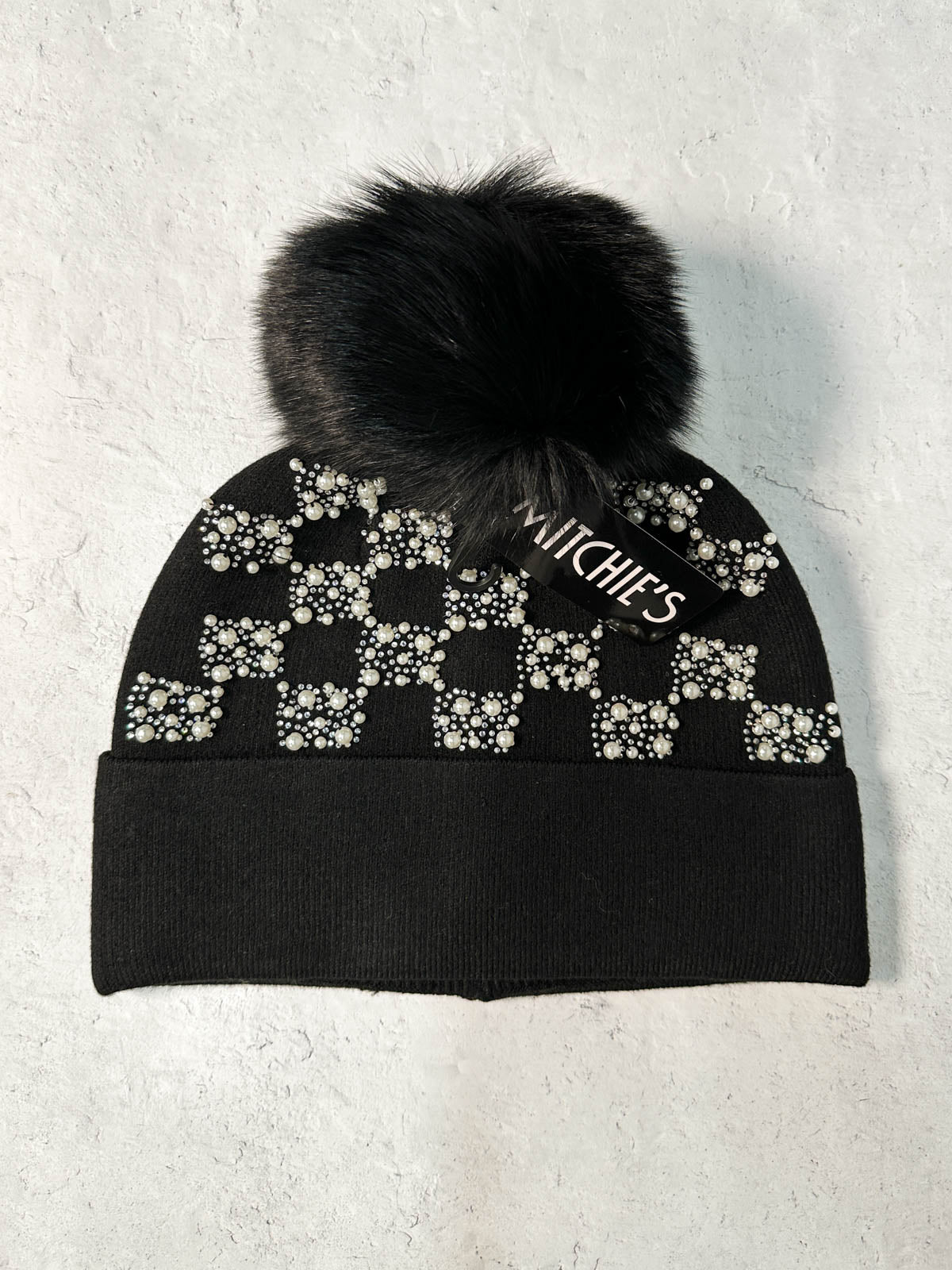 Pearl & Crystal Checkered Fur Pom Pom Beanie Hat, Black