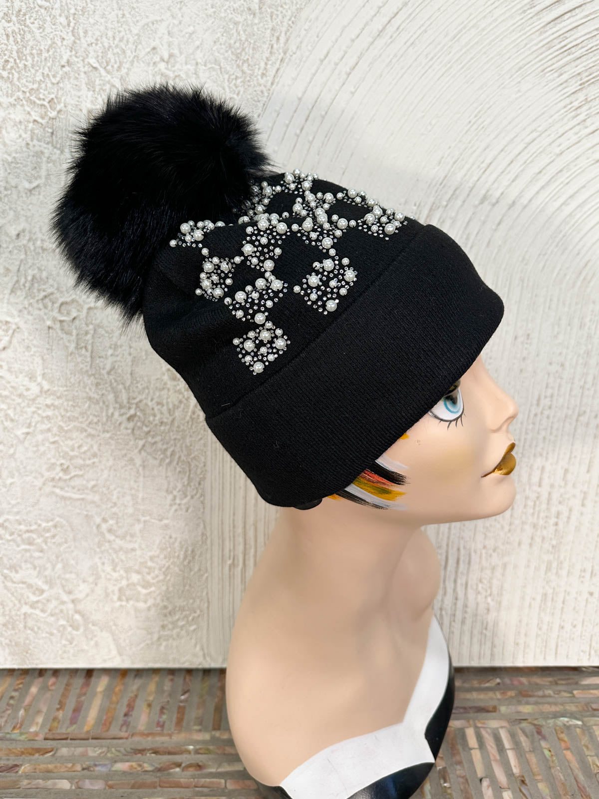 Pearl & Crystal Checkered Fur Pom Pom Beanie Hat, Black