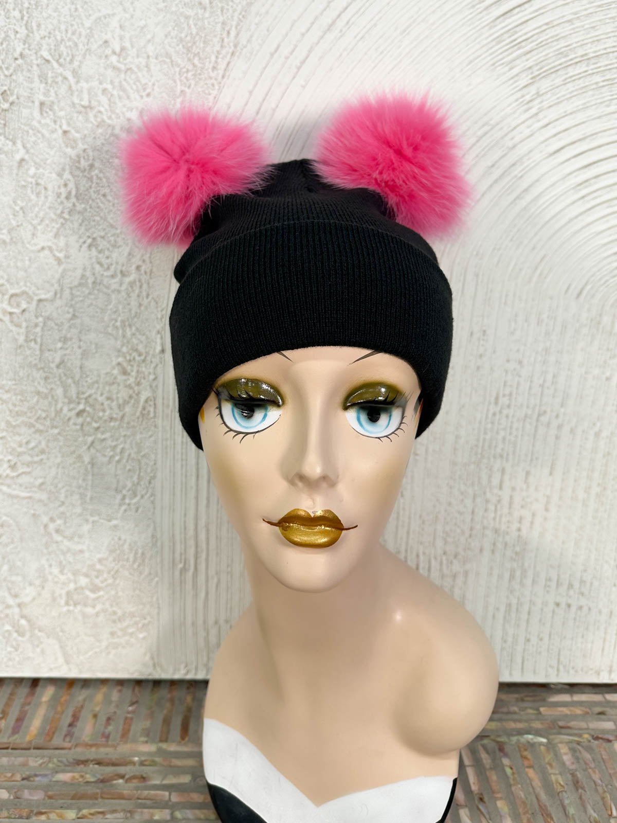 Rib Knit Double Fur Pom Pom Beanie Hat, Black/Pink