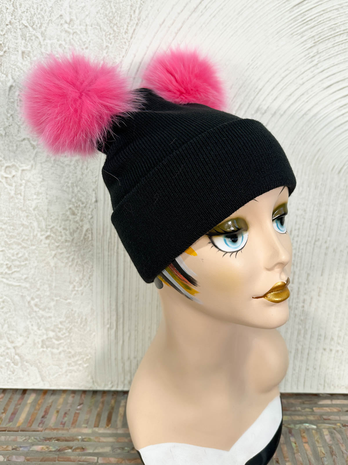 Rib Knit Double Fur Pom Pom Beanie Hat, Black/Pink