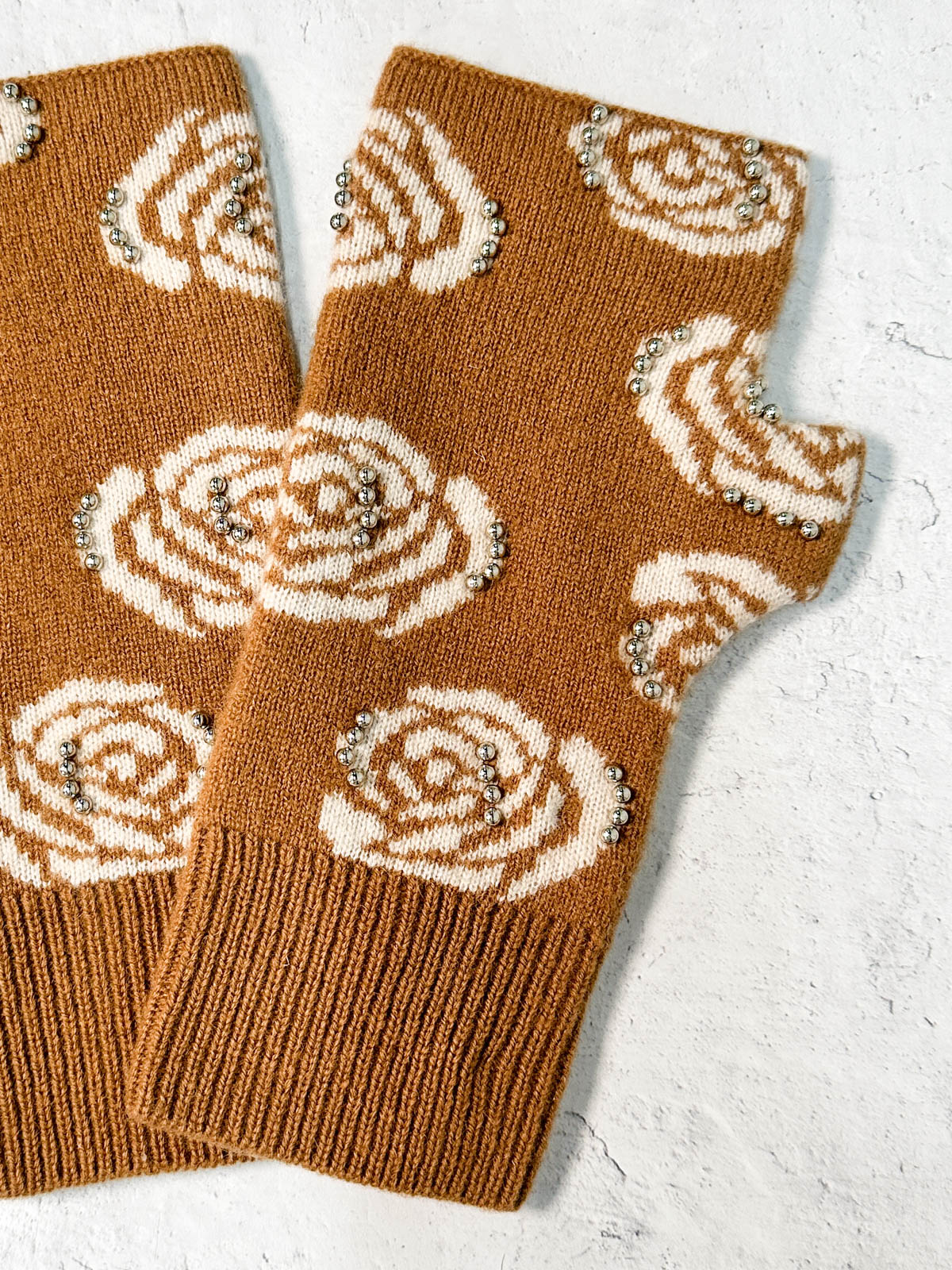 Rose Pattern Studded Fingerless Mittens, Camel