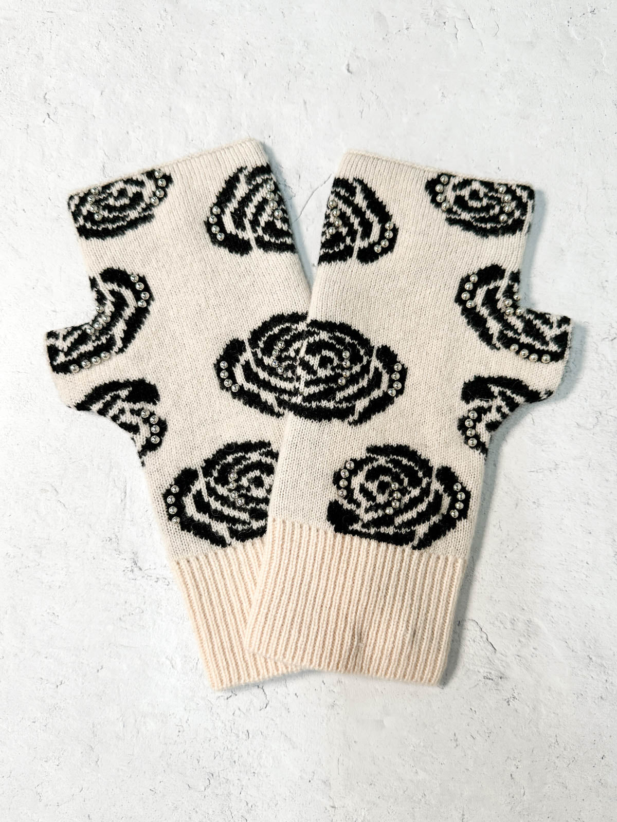 Rose Pattern Studded Fingerless Mittens, Ivory