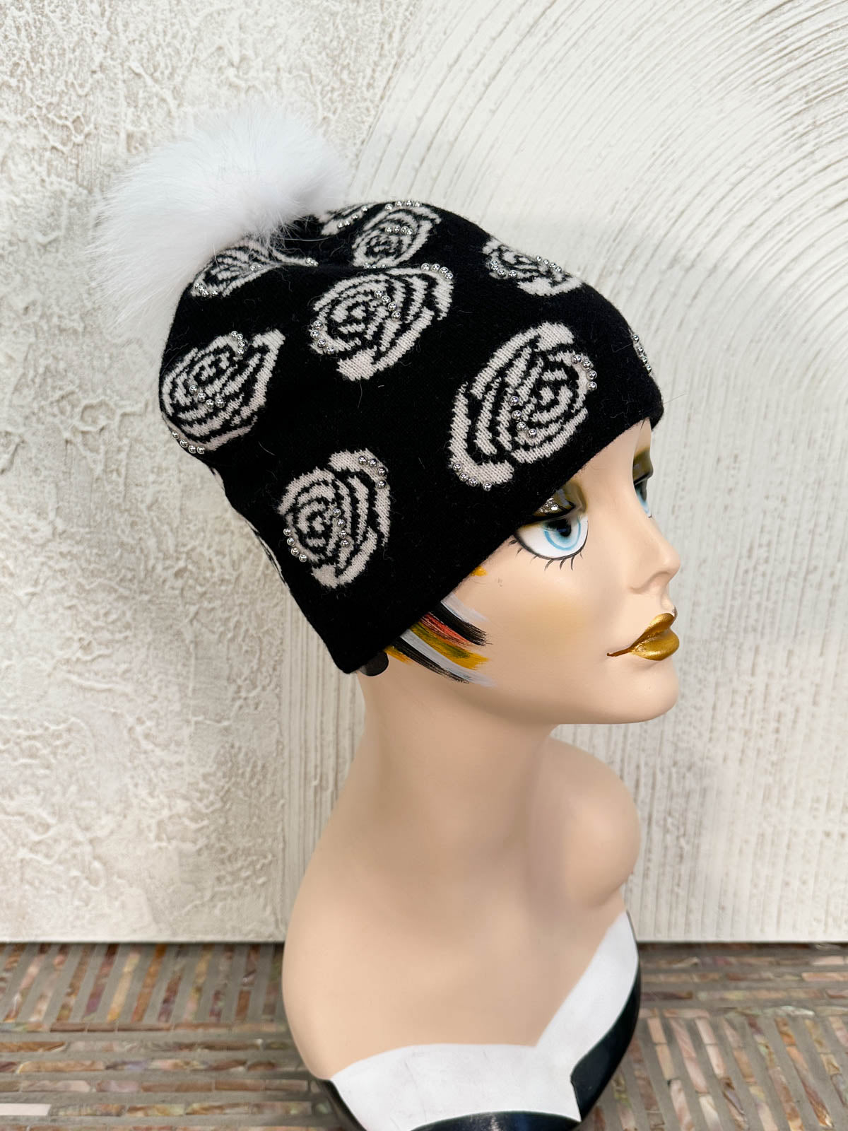 Rose Pattern Studded Fur Pom Pom Beanie Hat, Black