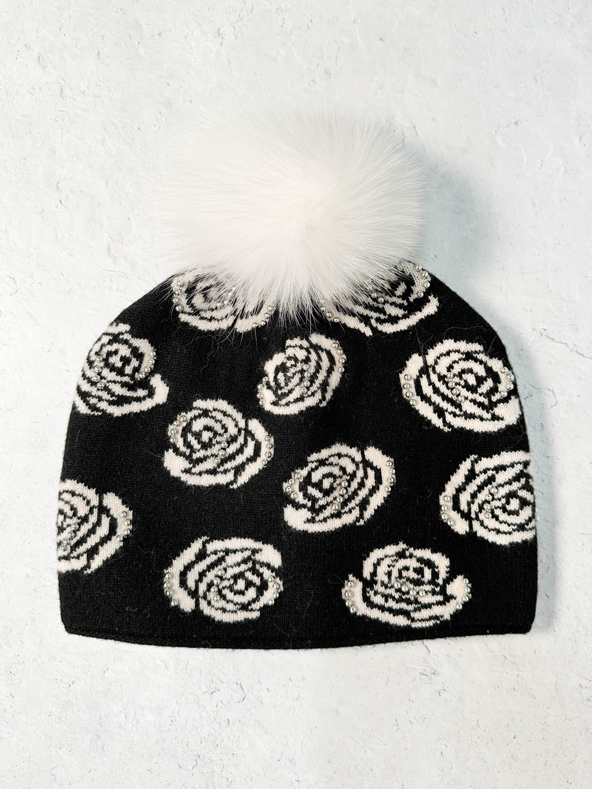 Rose Pattern Studded Fur Pom Pom Beanie Hat, Black