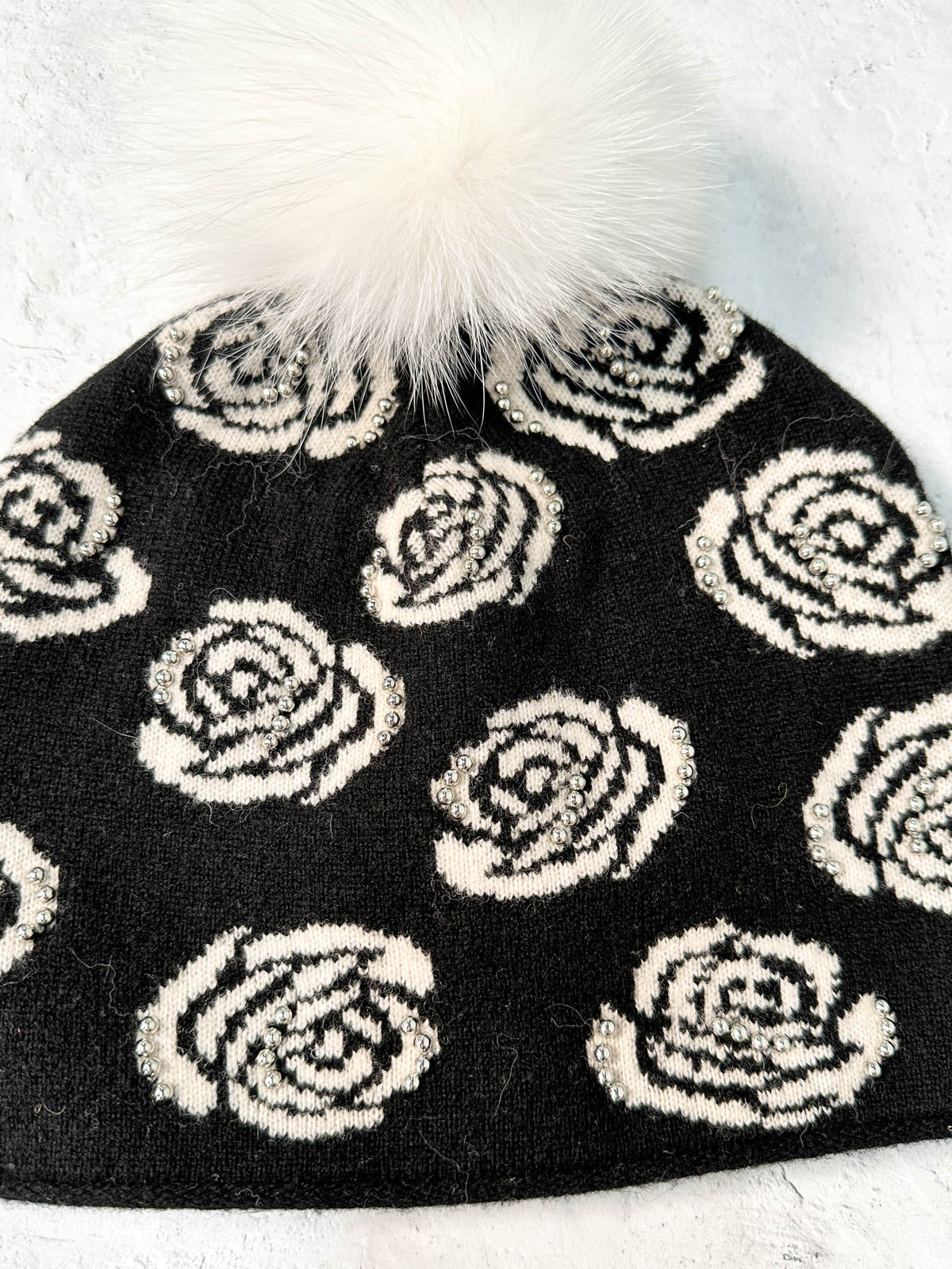 Rose Pattern Studded Fur Pom Pom Beanie Hat, Black