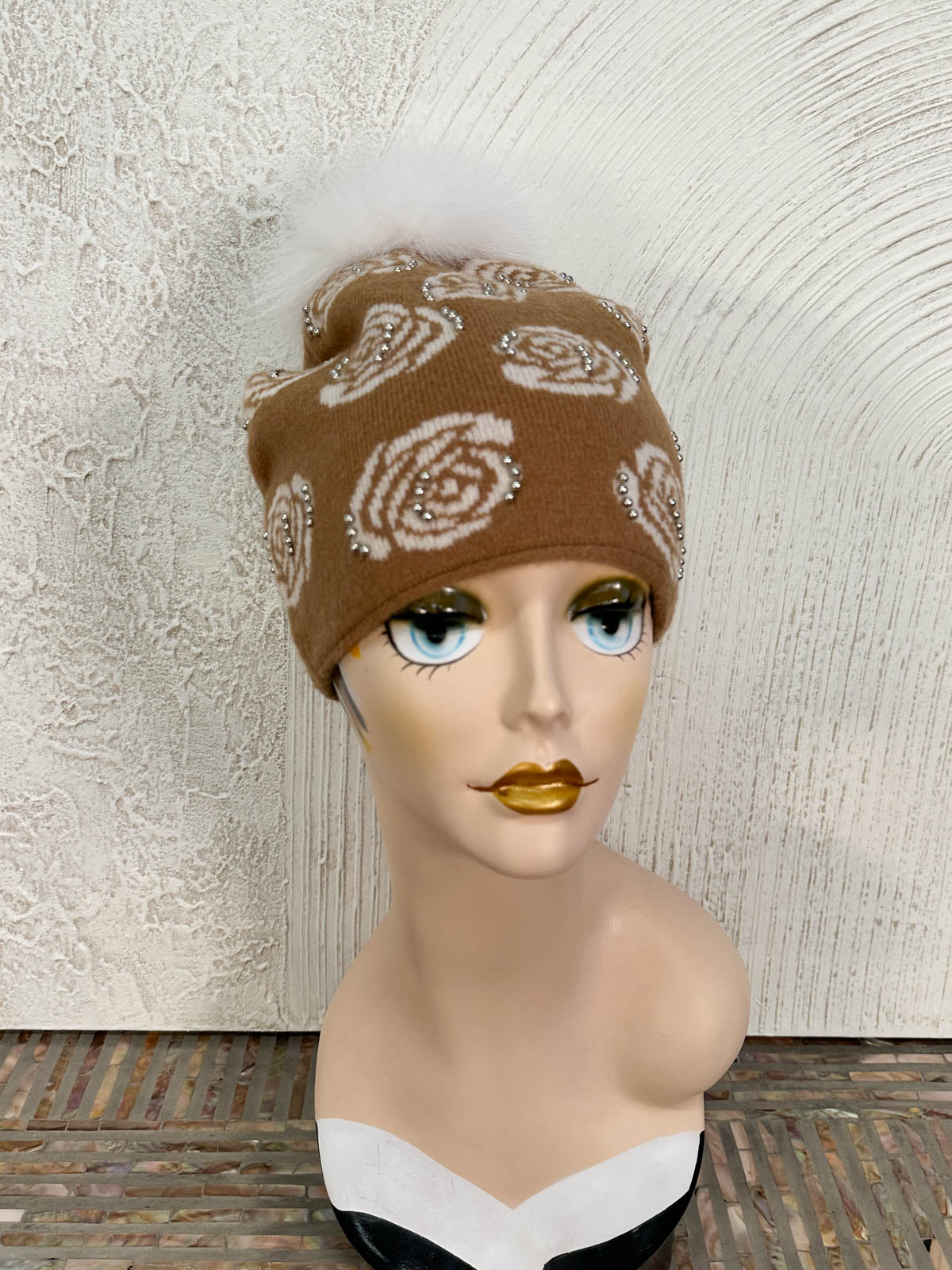 Rose Pattern Studded Fur Pom Pom Beanie Hat, Camel