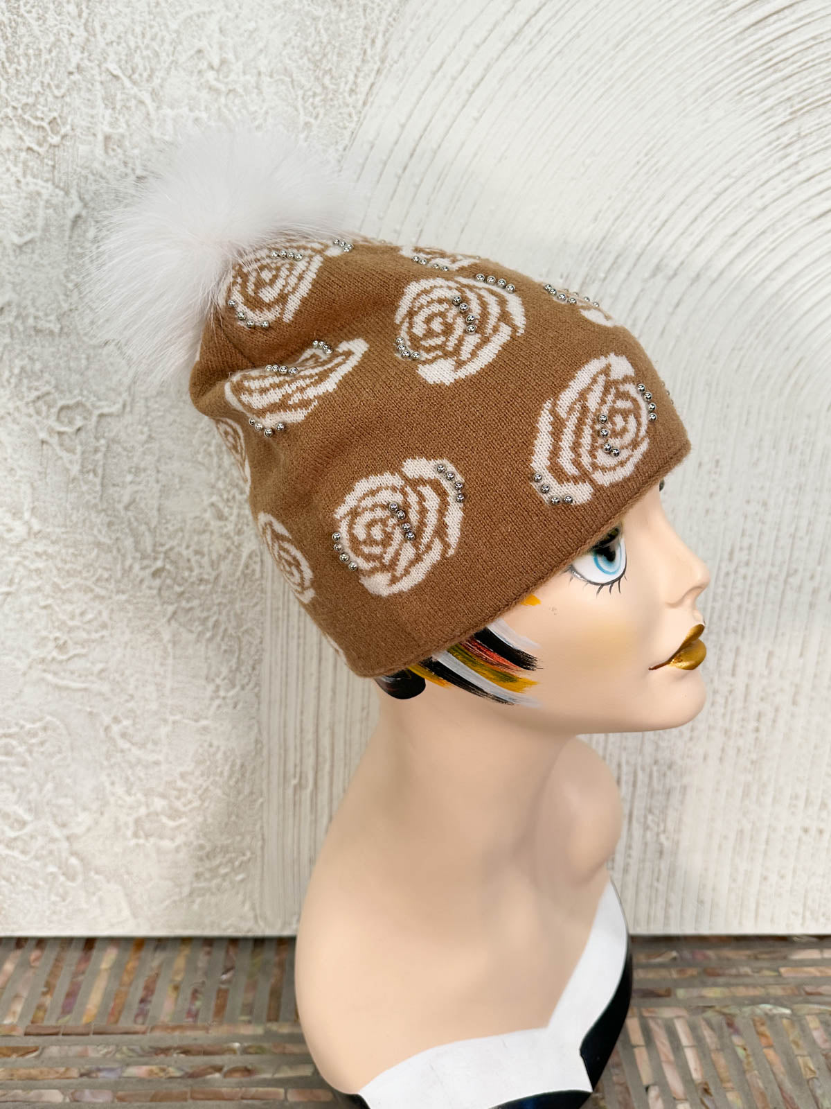 Rose Pattern Studded Fur Pom Pom Beanie Hat, Camel