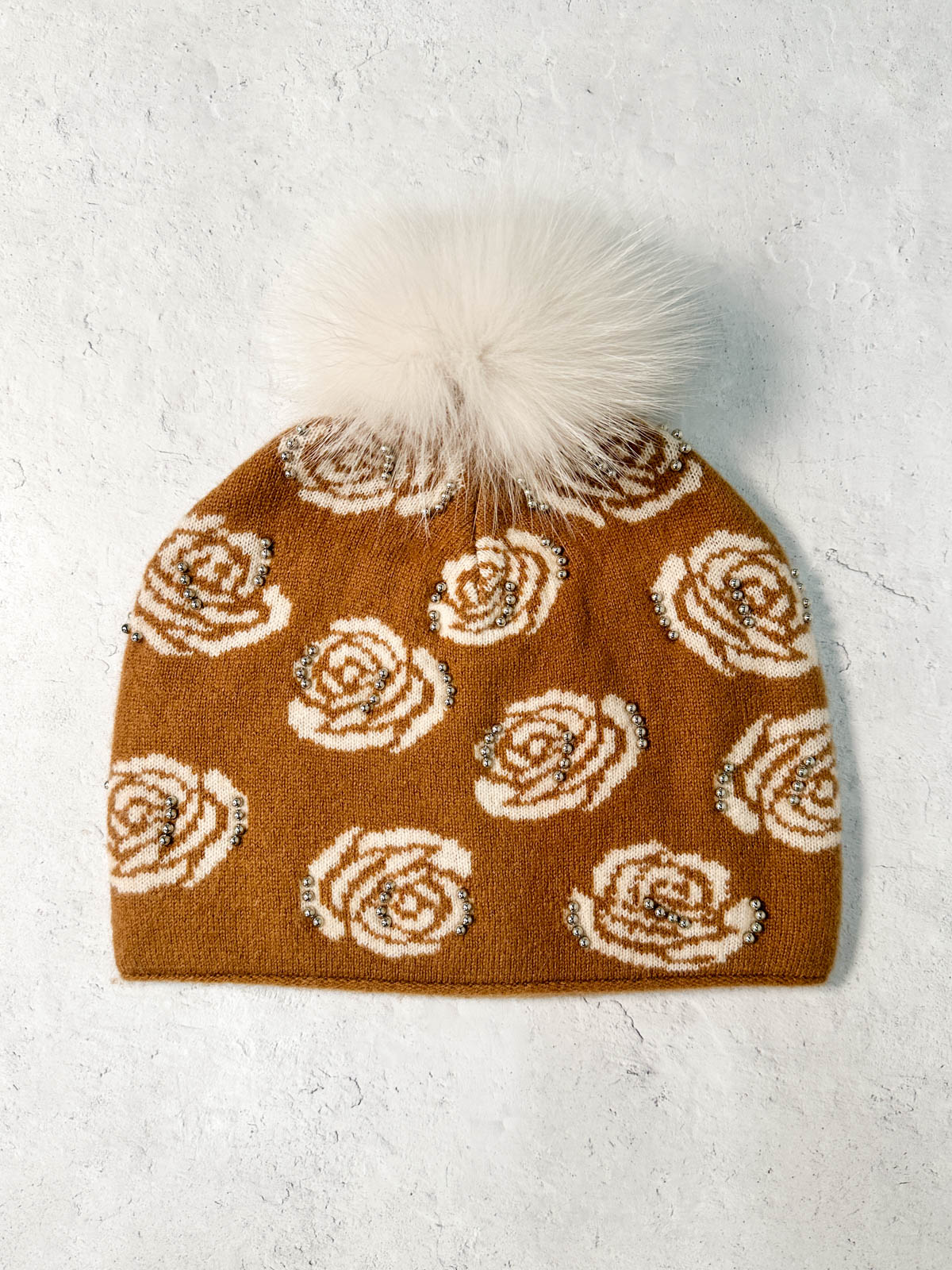 Rose Pattern Studded Fur Pom Pom Beanie Hat, Camel