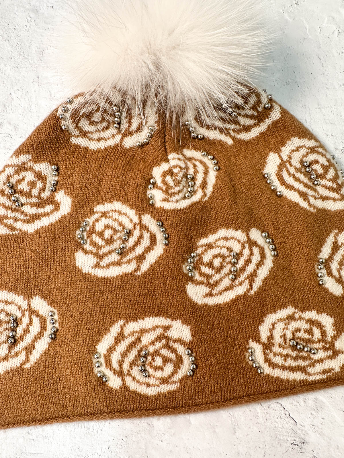 Rose Pattern Studded Fur Pom Pom Beanie Hat, Camel