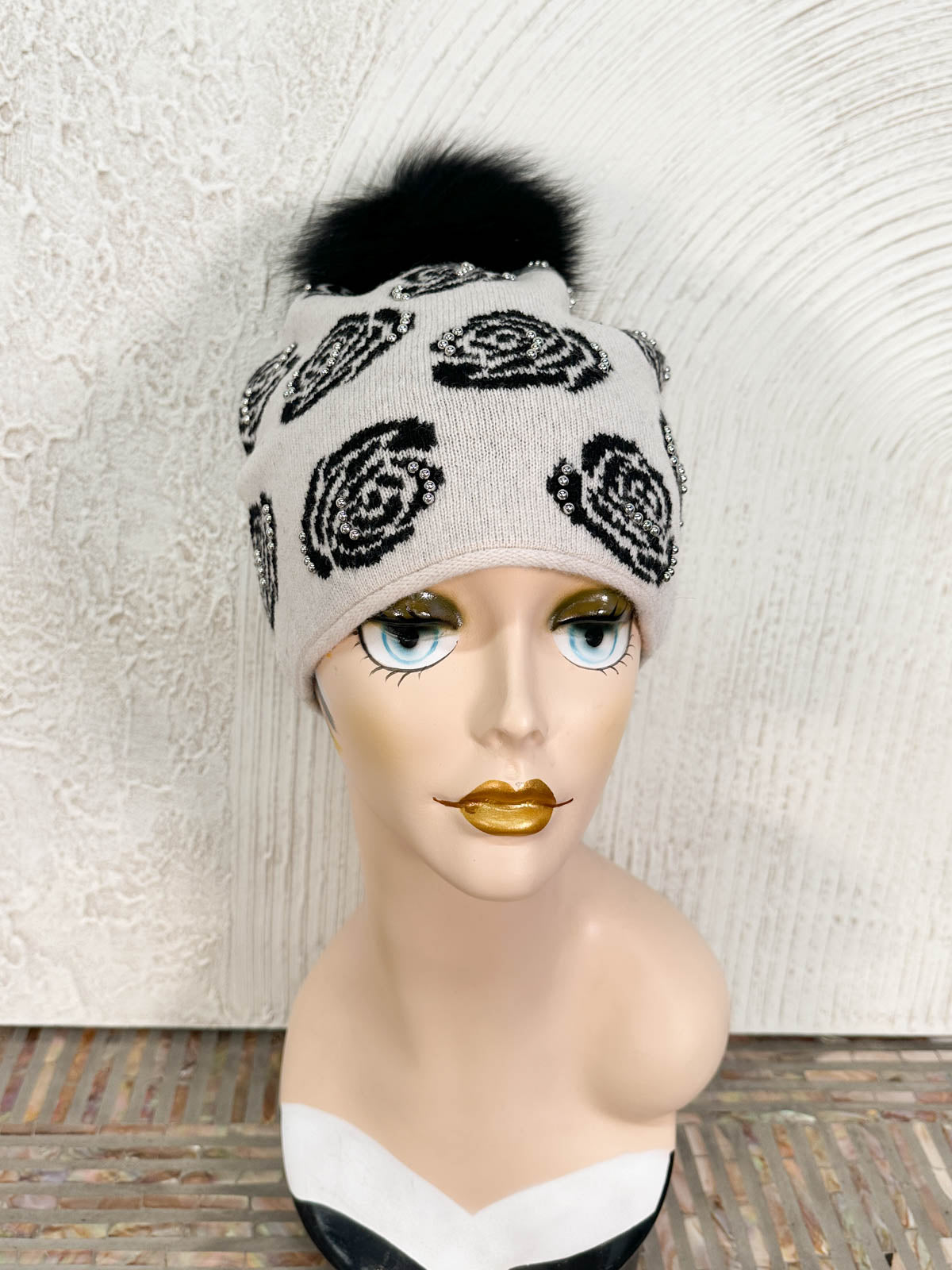 Rose Pattern Studded Fur Pom Pom Beanie Hat, Ivory