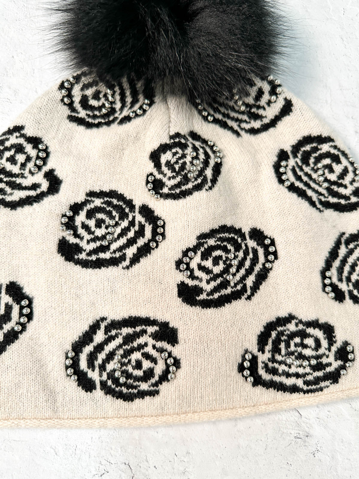 Rose Pattern Studded Fur Pom Pom Beanie Hat, Ivory